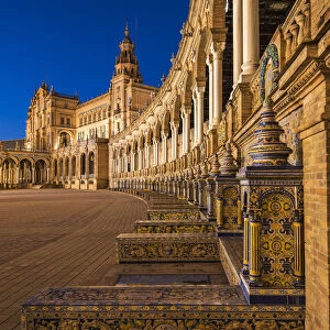Night view of Plaza de Espana, Seville, Andalusia, Spain