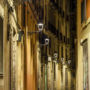 Night view of an empty street in the Gothic Quarter or Barrio Gotico, Barcelona, Catalonia