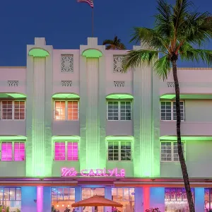 Ocean Drive Art Deco District, illuminated with iconic Neon Colors South Beach, Miami Beach, Florida, USA