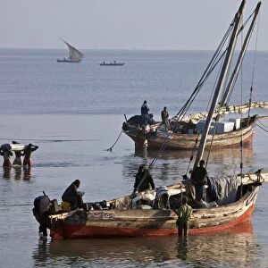 Off-loading cargo from dhows from Zanzibar at dawn
