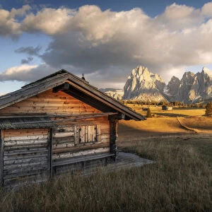 An old cabin lost in the meadows of the Alpe di Siusi (Seiser Alm) during an early autumn sunset, with the Sassolungo and Sassopiatto in the background. Dolomites, Italy