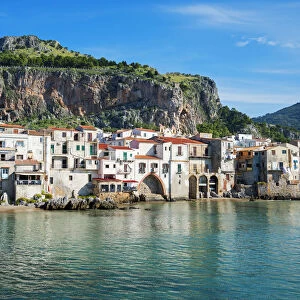 Old town and La Rocca Cliff, Cefalu, Sicily, Italy, Europe