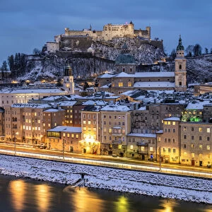 Old town skyline at dusk, Salzburg, Austria