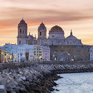 Old town skyline at sunrise with Cathedral, Cadiz, Andalusia, Spain