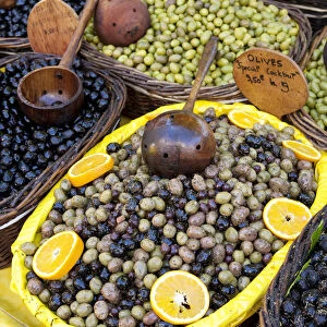Olives for sale in the market in St Remy, Provence, France