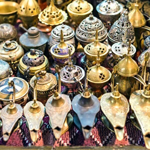 Oman, Muscat. Souvenirs for sale in the old souk of Mutrah