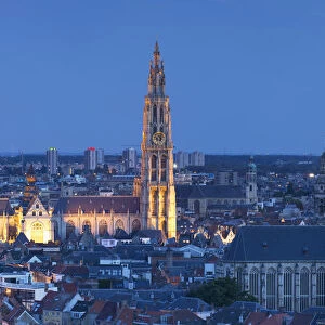 Onze-Lieve-Vrouwe Cathedral at dusk, Antwerp, Flanders, Belgium