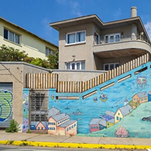 Painted mural of house on Avenida Alemania, Cerro Alegre, Valparaiso, Valparaiso Province, Valparaiso Region, Chile