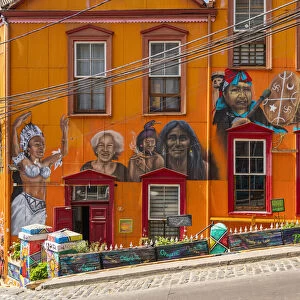 Painted mural on orange house, UNESCO, Cerro Alegre, Valparaiso, Valparaiso Province, Valparaiso Region, Chile
