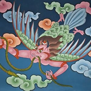 A painting of Garuda by students at the National Institute for Zorig Chusum the school of thirteen arts and crafts. Legend relates how Guru Rinpoche transformed himself into Garuda, the mythical bird, to subdue the demoness terrorizing the B