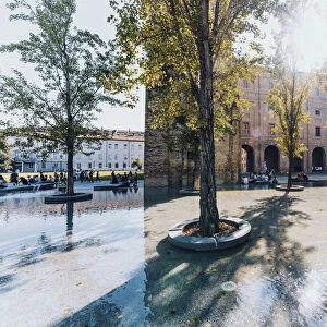 Palazzo della Pilotta with fountains and trees in Parma, Emilia Romagna, Italy