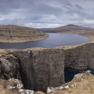 Panorama of the dramatic sea cliffs near Sorvagsvatn lake on the island of Vagar