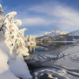 Panoramic of frozen Lake Sils, Plaun da Lej, Maloja Region, Canton of Graubunden