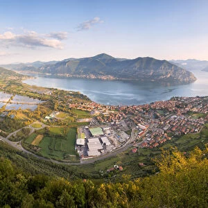 Panoramic view at dawn over Iseo lake, Brescia province in Lombardy district, Italy