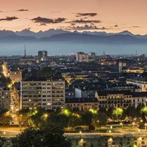 Panoramic view at dusk, Turin, Piedmont, Italy
