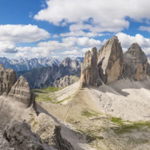 Panoramic view on the Three Peaks of Lavaredo from the summit of Mount Paterno, in summer