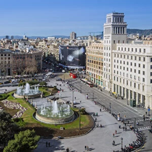 Panoramic view over Plaza de Catalunya, Barcelona, Catalonia, Spain