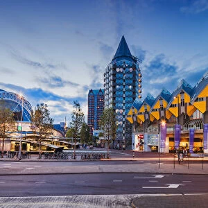 Panoramic view of Rotterdam Food Market and Cubic Houses by night, Holland / Netherlands