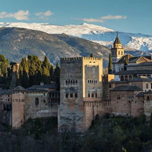 Panoramic view at sunset over the Alhambra palace and fortress, Granada, Andalusia, Spain