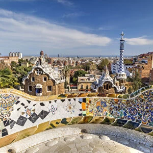 Park Guelll and city skyline behind, Barcelona, Catalonia, Spain