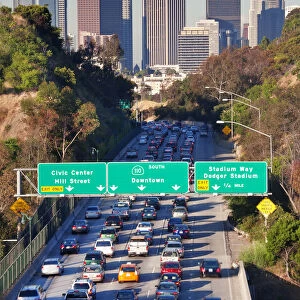 Pasadena Freeway (CA Highway 110) Leading to Downtown Los Angeles, California, USA