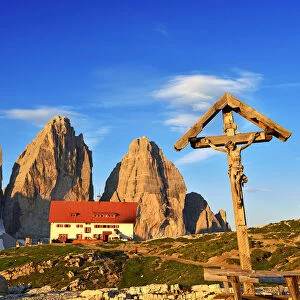 Three Peaks with Three Peaks Lodge and Jesus at the crossroads, Sexten Dolomites