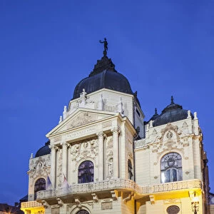 Pecs National Theatre at dusk, Pecs, Southern Transdanubia, Hungary