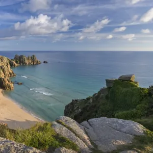 Pednvounder beach and Logan Rock from Treen Cliff, Cornwall, England