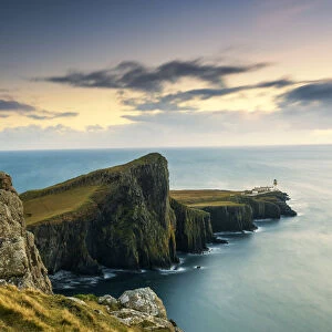 Person Overlooking Neist Point Lighthouse, Isle of Skye, Highland Region, Scotland