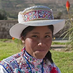 Peru, A Collaya women in traditional dress at the main square of Yanque