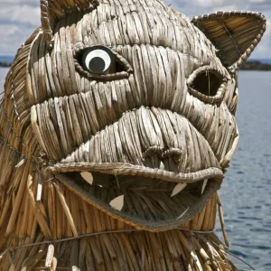 Peru, The prow of a large reed boat used to take tourists to the unique floating islands of Uros on Lake