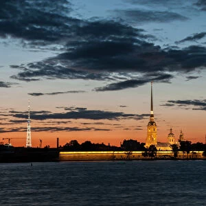 Peter and Paul Fortress on Zayachy Island at dusk, Saint Petersburg, Russia