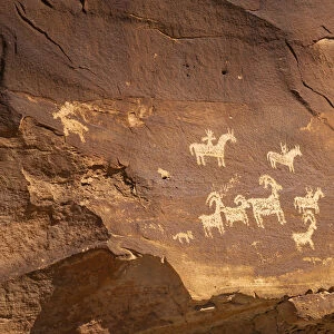 Detail of petroglyphs on rock face, Arches National Park, Utah, USA