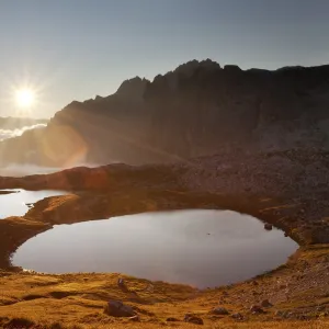 Piani lakes, Sexten Dolomites natural park, Veneto, Italy. Sunrise on the Piani lakes