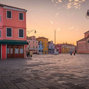 Piazza Baldassarre Galuppi at dawn, Burano, Venice, Veneto, Italy