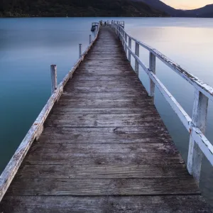 Picturesque wharf illuminated at dusk, Kenepuru Sound, Marlborough Sounds, South Island