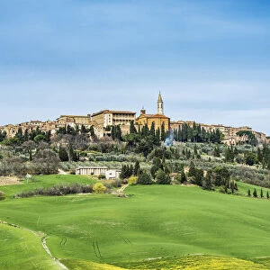 Pienza, Siena district, Tuscany, Italy. View of the green hills of Pienza with the
