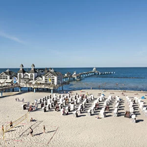Pier, beach and beach baskets, Sellin, Rügen Island, Mecklenburg-Western