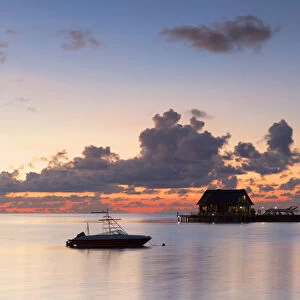Pier at Olhuveli Beach and Spa Resort at sunset, South Male Atoll, Kaafu Atoll, Maldives
