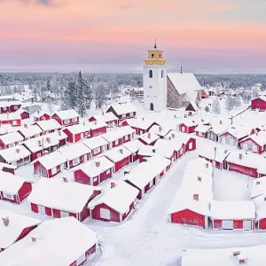 Pink Arctic Sunrise Print, Aerial View of Gammelstad Church Town Pink Arctic Sunrise Print, Aerial View of Gammelstad Church Town