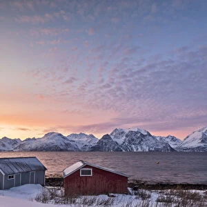 Pink sky at sunset on the wooden huts called Rorbu framed by frozen sea and snowy peaks Djupvik Lyngen Alps Tromso Norway Europe