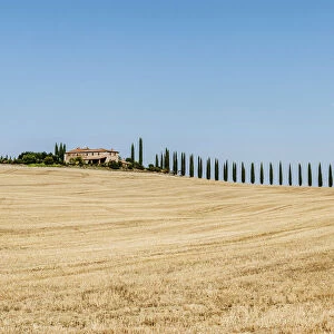 Poggio Covili from the distance in summer, Val d Orcia, Tuscany, Italy