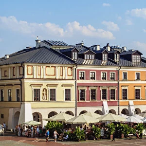 Poland, Lublin Voivodeship, Zamosc, Old Town, Colourful Houses on the Market Square