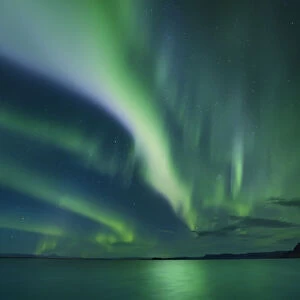 Polar light (Aurora Borealis) at ocean - Iceland, Western Region, Snaefellsness, Bogarnes