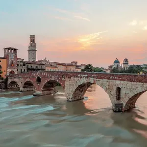 Ponte Pietra and river Adige at sunset, Verona, Veneto, Italy Ponte Pietra and river Adige at sunset, Verona, Veneto, Italy