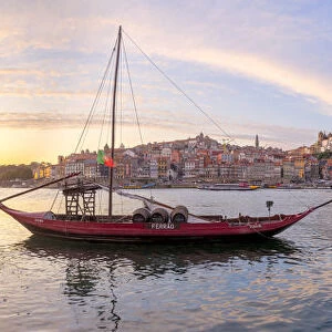 Port wine boats moored on the south bank of Douro River, Porto, Portugal