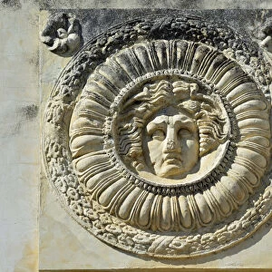 Detail of the Portico of the Roman Forum in Merida depicting Medusa. Spain