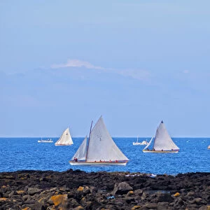 Portugal, Azores, Pico, Lajes do Pico, Traditional Whaling Boats moving on their sails