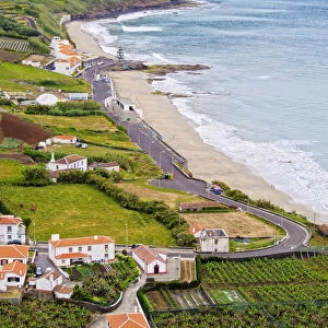 Portugal, Azores, Santa Maria, Praia, Elevated view of the beach and coast of the