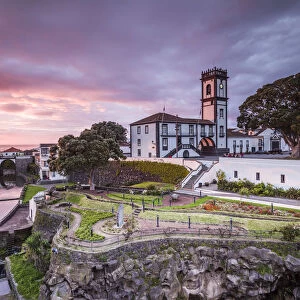 Portugal, Azores, Sao Miguel Island, Ribeira Grande, town hall, sunset